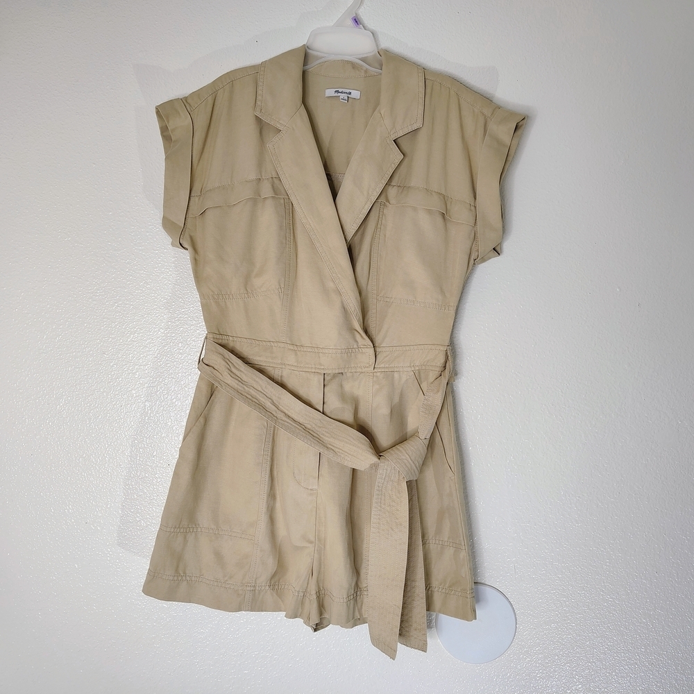 Madewell Beige Utility Romper Belted Short Sleeve Five Pockets Sz 6 Linen Blend - Picture 2 of 16